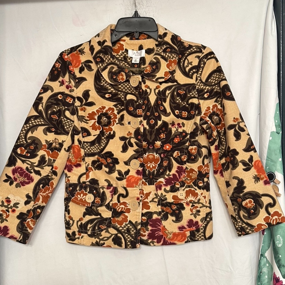 ATL STUDIO Women's Jacket Blazer Beige Brown Maroon Floral Long Sleeve Size 6P.